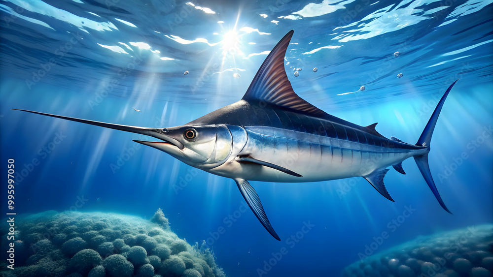 Obraz premium Close up of a marlin fish swimming gracefully in the deep blue sea, marlin, fish, ocean, underwater, marine life