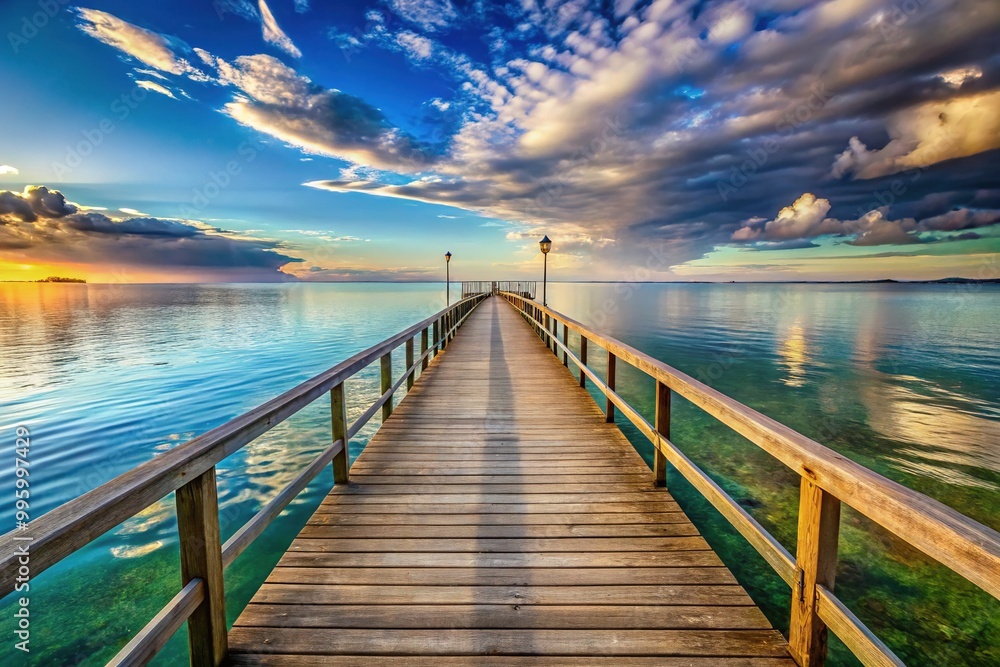 Obraz premium The historic wooden pier stretches out over the calm waters, offering serene views of the tranquil ocean and the vast blue horizon.