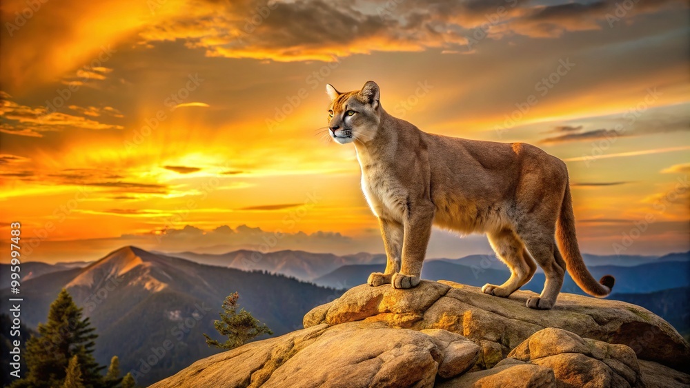The majestic mountain lion surveys its territory from a rocky outcropping, its tawny coat becoming one with the golden sunset-hued terrain. The majestic mountain lion surveys its territory from a rocky outcropping, its tawny coat becoming one with the golden sunset-hued terrain.