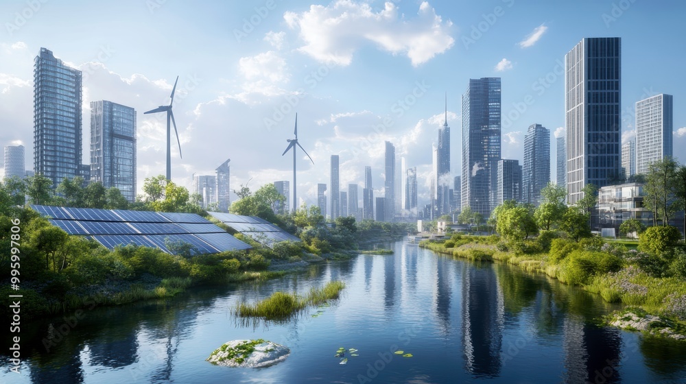 A scenic view of an urban canyon with high-rise buildings showcasing renewable energy features such as wind turbines and solar panels, alongside a peaceful river that mirrors the vibrant city life A scenic view of an urban canyon with high-rise buildings showcasing renewable energy features such as wind turbines and solar panels, alongside a peaceful river that mirrors the vibrant city life
