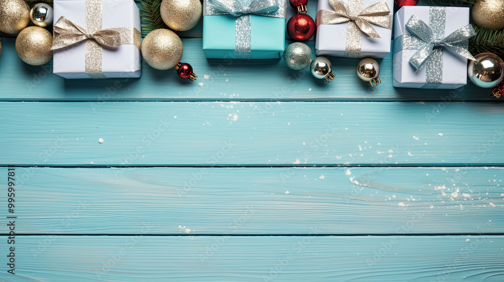 Top view of gifts, bows and Christmas decorations on a light blue wooden background Top view of gifts, bows and Christmas decorations on a light blue wooden background