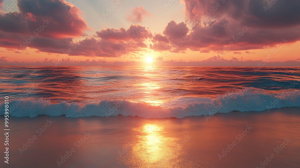 Sunset Over a Calm Ocean with Waves Breaking on a Sandy Beach Sunset Over a Calm Ocean with Waves Breaking on a Sandy Beach