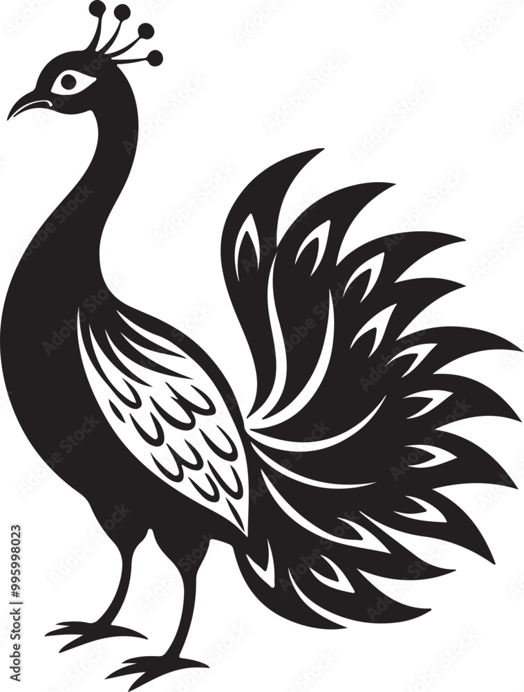 Vector art silhouette of a peacock in black against a white background, highlighting its graceful form and feathers Vector art silhouette of a peacock in black against a white background, highlighting its graceful form and feathers