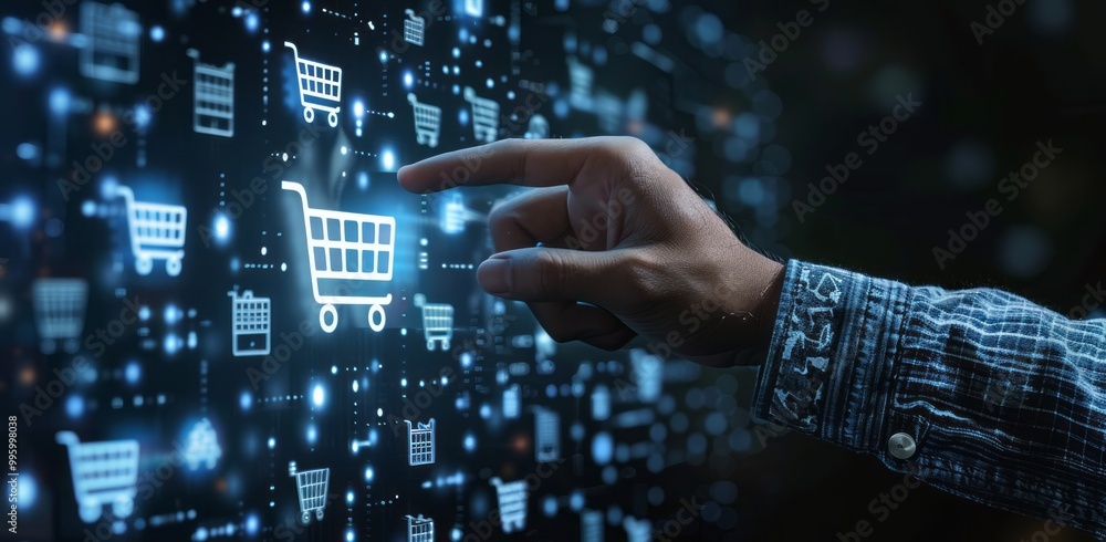 Obraz premium Digital business technology concept with businessman touching virtual store icon on hologram screen for online sales and marketing to create global network connection, black background