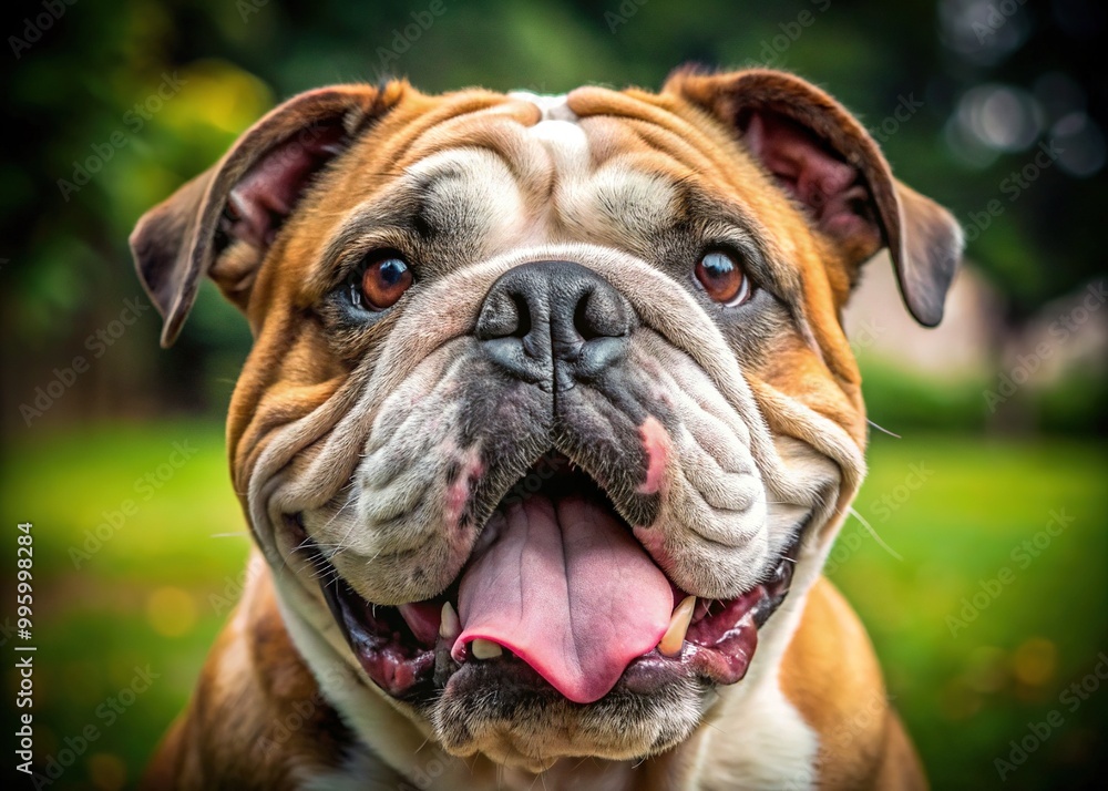 This sweet portrait captures the endearing wrinkles of an old English bulldog, its tongue lazily lolling out of its mouth, radiating warmth and contentment. This sweet portrait captures the endearing wrinkles of an old English bulldog, its tongue lazily lolling out of its mouth, radiating warmth and contentment.