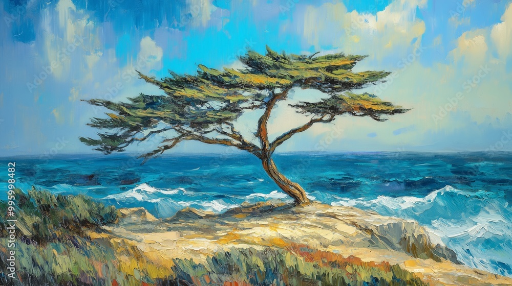 Fototapeta premium A lone tree stands on a rocky coastline as waves crash against the shore under a bright sunny sky
