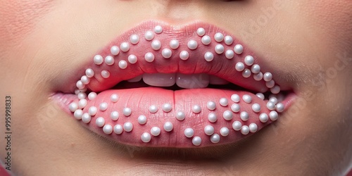 Tiny, white oval dots on smooth pink lips create a subtle contrast to the overall complexion. photo