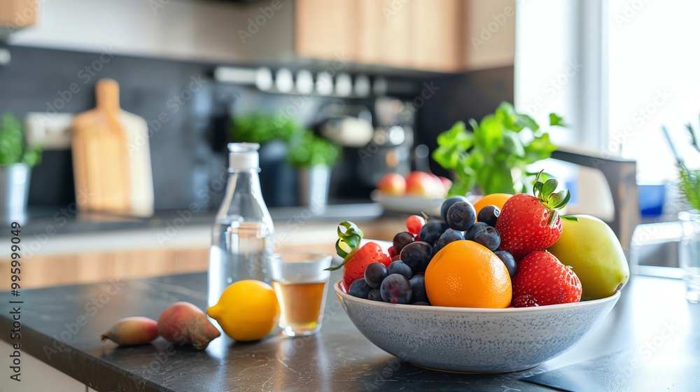 A bowl of fresh fruit on a kitchen counter. A bowl of fresh fruit on a kitchen counter.