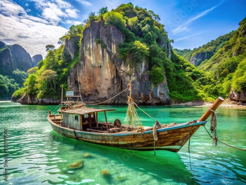 Traditional wooden fishing boat with worn netting and rusty equipment drifts calmly on serene turquoise waters, surrounded by majestic rocky cliffs and lush greenery. photo