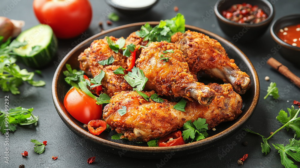 Fried chicken with vegetables and spices, grated cheese and breadcrumbs. on the kitchen table Fried chicken with vegetables and spices, grated cheese and breadcrumbs. on the kitchen table