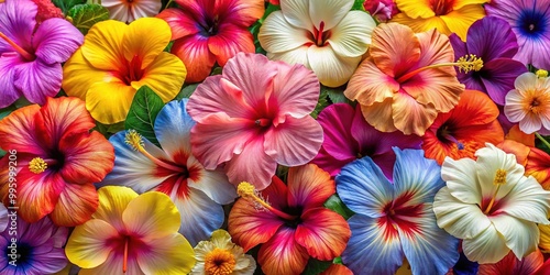 Tropical hibiscus flowers burst forth in a kaleidoscope of colors, petals shaped like trumpets, cups, and stars, highlighting the species' breathtaking diversity.