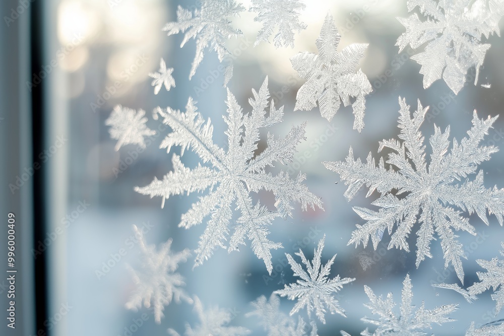 A window with frosted glass and snowflakes on it. The snowflakes are in various sizes and shapes, and they are scattered all over the window. Concept of winter and the beauty of nature A window with frosted glass and snowflakes on it. The snowflakes are in various sizes and shapes, and they are scattered all over the window. Concept of winter and the beauty of nature