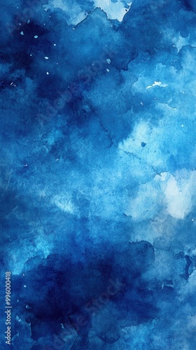 Abstract watercolor painting in shades of blue with textured brush strokes.