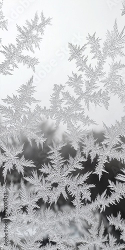 A close up of a frosted window with snowflakes on it. Concept of coldness and stillness, as the snowflakes are frozen in place on the window