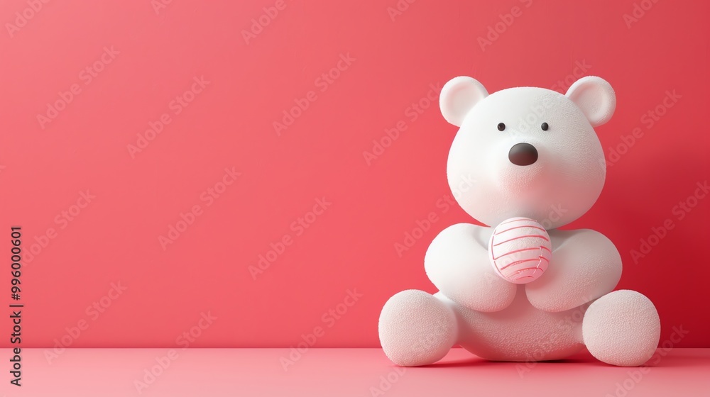 A 3D render of a white teddy bear sitting on a pink background, holding a pink and white striped ball. A 3D render of a white teddy bear sitting on a pink background, holding a pink and white striped ball.