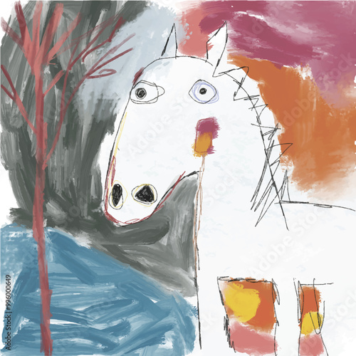 hand drawn doodle horse in forest, vector image