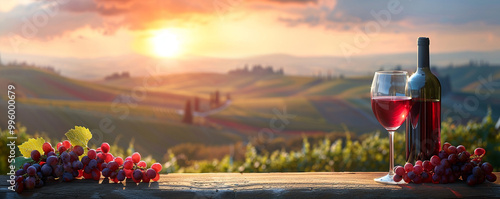 Banner of glasses fresh red wine with grapes, cheeses, bottle and barrel on a sunset background in Toscane. Italy vineyard and agritourism. Wine shop or wine tasting concept with copy space. AI photo