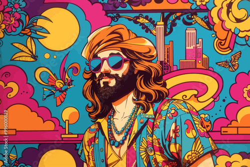 hippie cartoon  80s seamless San Francisco vibe pop art deco illustration