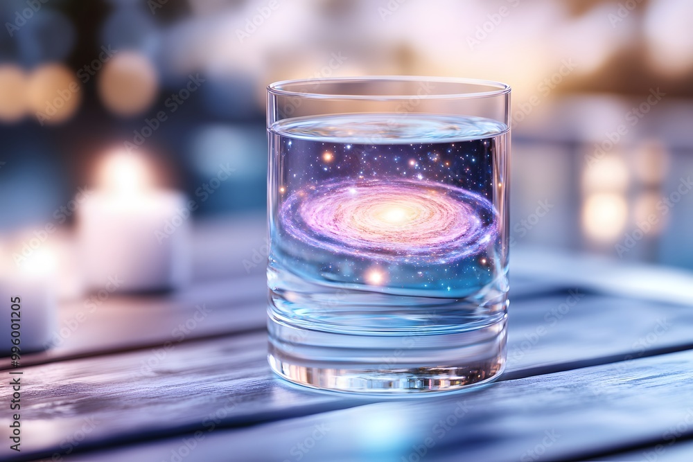 A glass of water with the universe inside, galaxies swirling within it A glass of water with the universe inside, galaxies swirling within it