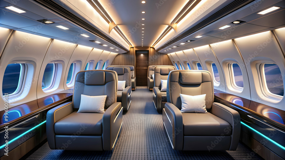 Obraz premium Modern airplane cabin interior featuring comfortable seating, elegant lighting, and sleek design elements, airplane, cabin