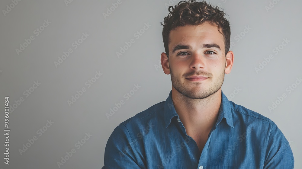 Fototapeta premium Portrait of a Young Man with Curly Hair Wearing a Blue Shirt