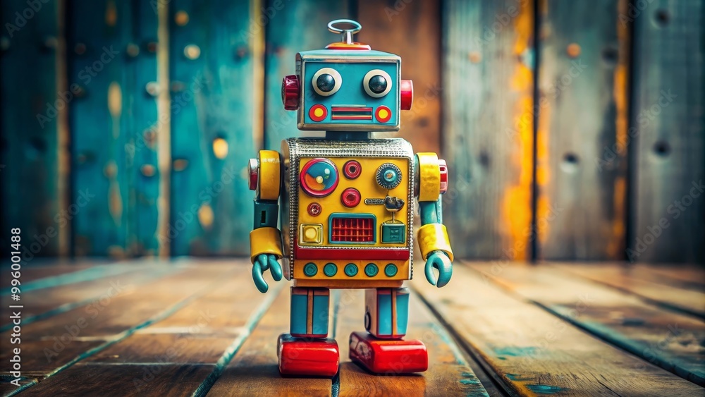 Fototapeta premium Colorful vintage toy robot standing on a wooden surface with a blue wooden plank background
