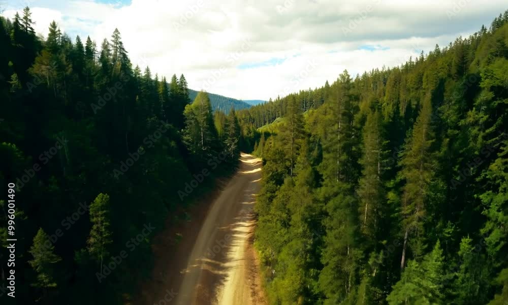 Winding dirt road through a lush green forest landscape. Winding dirt road through a lush green forest landscape.