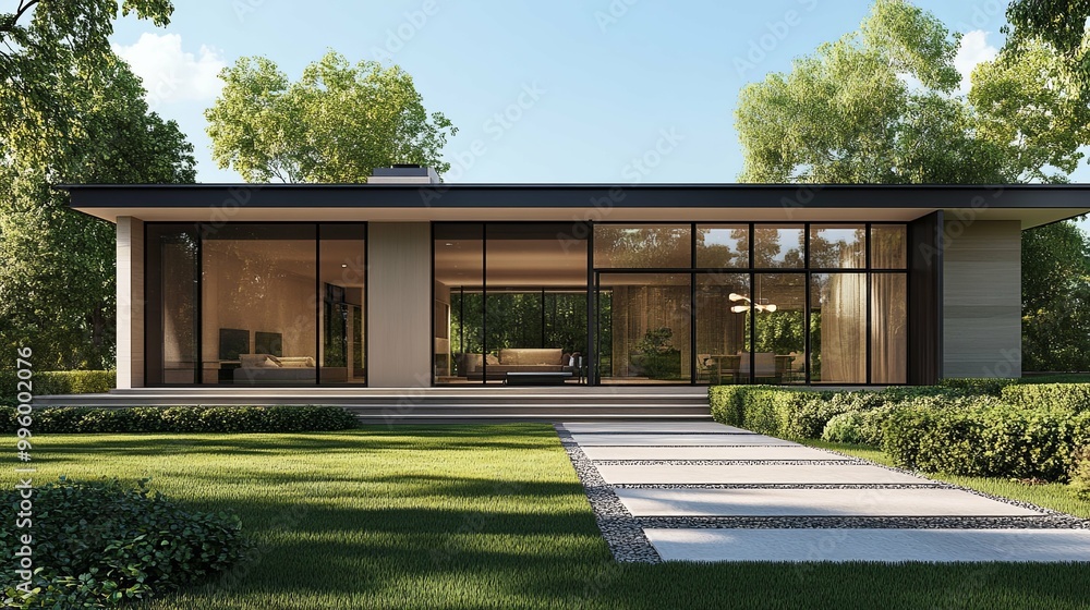 Modern House with Large Windows and Stone Pathway