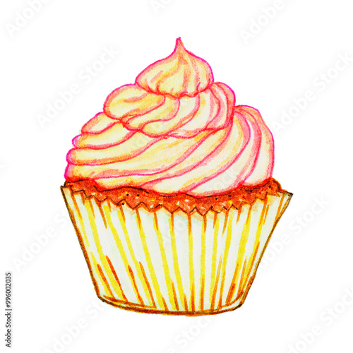 Cupcake drawn by hand with colored markers. Sketch illustration of sweet food isolated on white background. Hand-drawn colorful sweets.