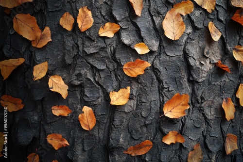 Close-up of tree bark with scattered orange leaves on a dark textured surface.