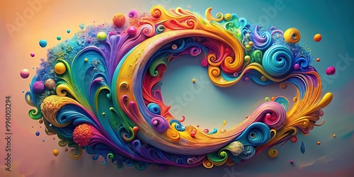 Vibrant colorful illustration of uppercase letter C made from swirling curls and spirals of paint, surrounded by creative abstract shapes and textures. photo