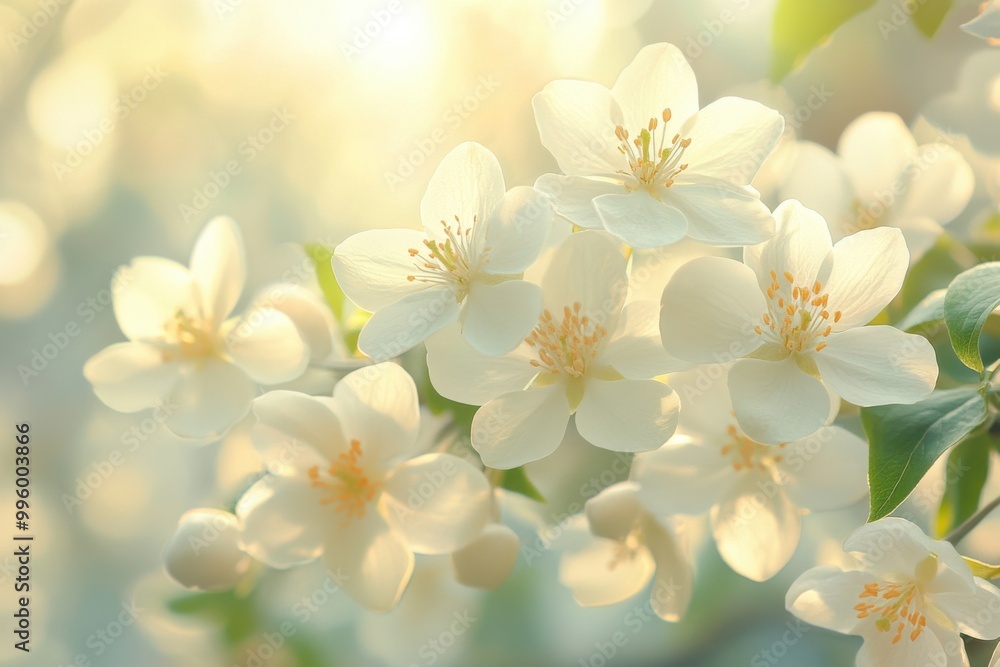 Obraz premium Delicate white blossoms with soft sunlight in a serene nature scene.