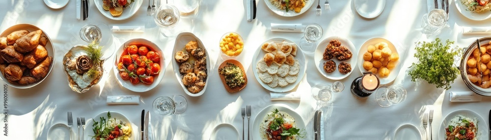 Aerial view of an extravagant banquet with vibrant dishes, showcasing luxury and culinary artistry, macro photography, breathtaking detail Aerial view of an extravagant banquet with vibrant dishes, showcasing luxury and culinary artistry, macro photography, breathtaking detail