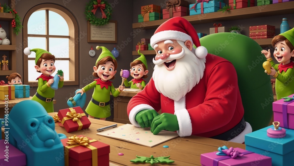 Cartoon design featuring Santas secret workshop backdrop