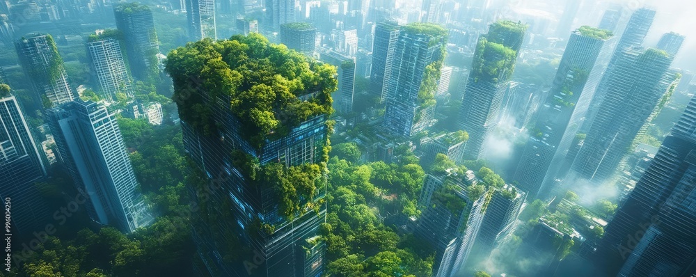 Birds-eye view of a futuristic city skyline, Nature intertwining through skyscrapers, Vibrant greenery and blue tech blending harmoniously, A dream of urban ecology Birds-eye view of a futuristic city skyline, Nature intertwining through skyscrapers, Vibrant greenery and blue tech blending harmoniously, A dream of urban ecology