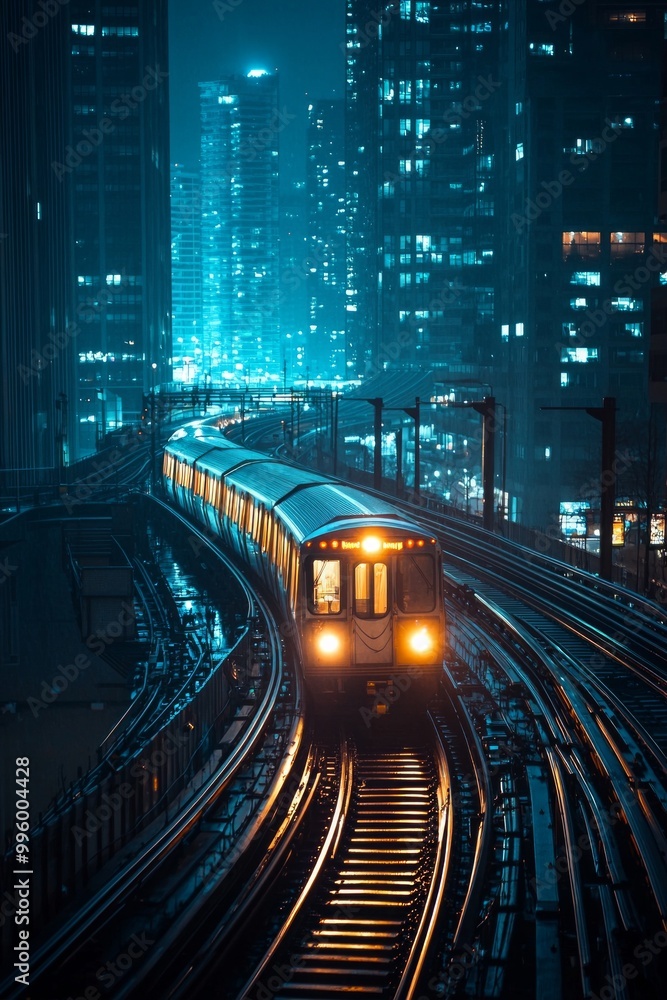 A train in city with lights on travelling through a dark city A train in city with lights on travelling through a dark city
