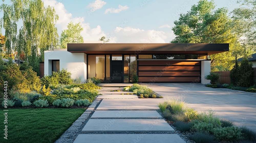 Modern House with Landscaped Front Yard and Concrete Walkway Modern House with Landscaped Front Yard and Concrete Walkway