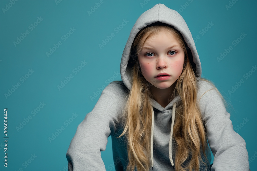Blonde girl in hoodie with one emotion Blonde girl in hoodie with one emotion