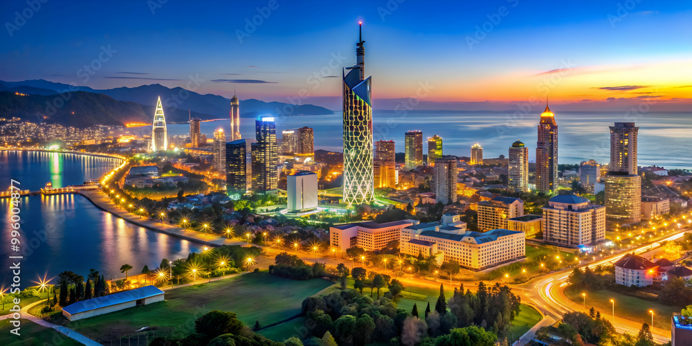 Fototapeta premium Night panorama view of the city of Batumi , Batumi, Georgia, cityscape, urban, night, skyline, illuminated, lights
