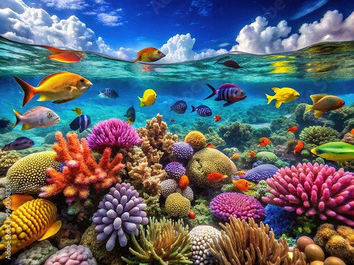 Vibrant marine life thrives in shallow waters, showcasing a kaleidoscope of colors as coral reefs burst forth with vitality and beauty. photo