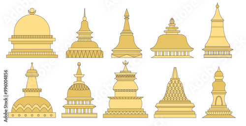 Set of golden stupas architectural structures place of pilgrimage of Buddhists. Temple of Buddha's enlightenment vector illustration in flat style