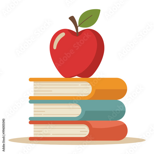 Apple on a stack of books, back to school illustration.