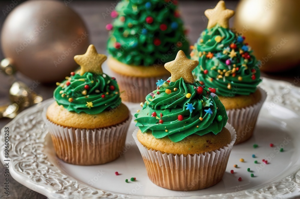 a bunch cupcake it is decorated with green icing and a star on top like christmas tree arrange on a white plaate a bunch cupcake it is decorated with green icing and a star on top like christmas tree arrange on a white plaate