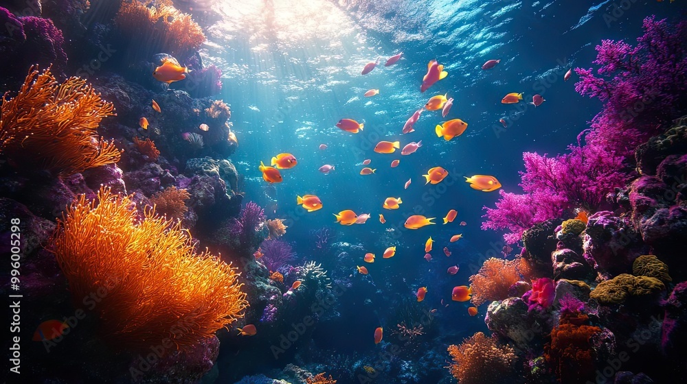 Birds-eye view of vibrant coral reefs, glowing with bioluminescent plants, diverse fish swimming freely Birds-eye view of vibrant coral reefs, glowing with bioluminescent plants, diverse fish swimming freely