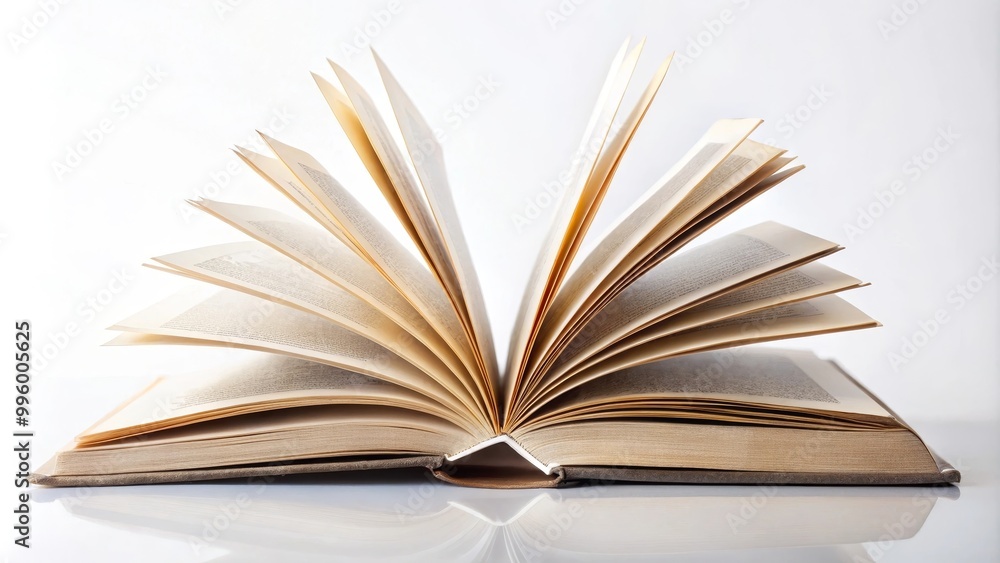 Fototapeta premium Open book with yellowed pages is standing on a table, showing the spread pages