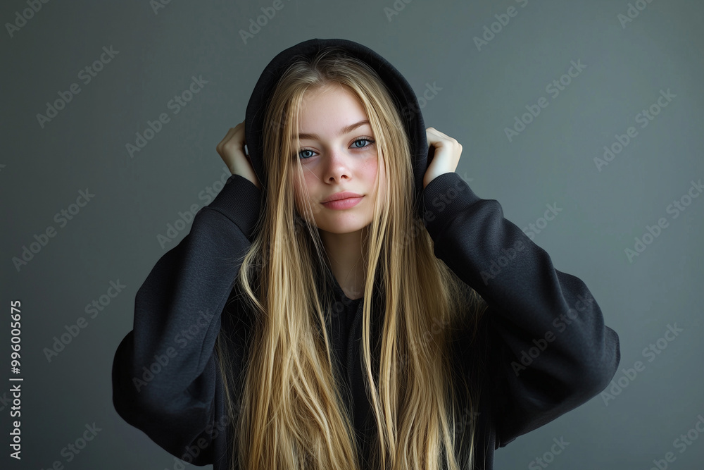 Blonde girl in hoodie with one emotion Blonde girl in hoodie with one emotion