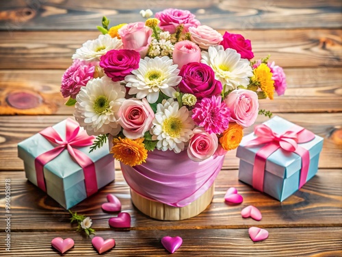 Vibrant pink and white flowers arranged in a heart-shaped vase on a sunny wooden table, surrounded by colorful gift boxes and ribbons, celebrating maternal love. photo