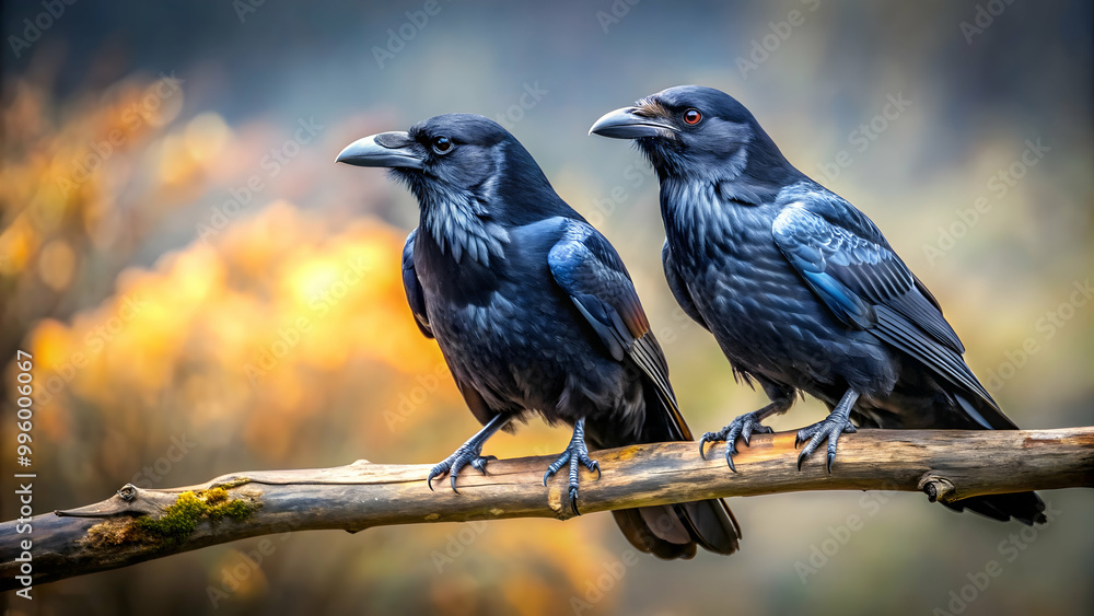 Naklejka premium Two ravens, Huginn and Muninn, perched on a branch, representing thought and memory, ravens, Norse mythology, wisdom, Odin