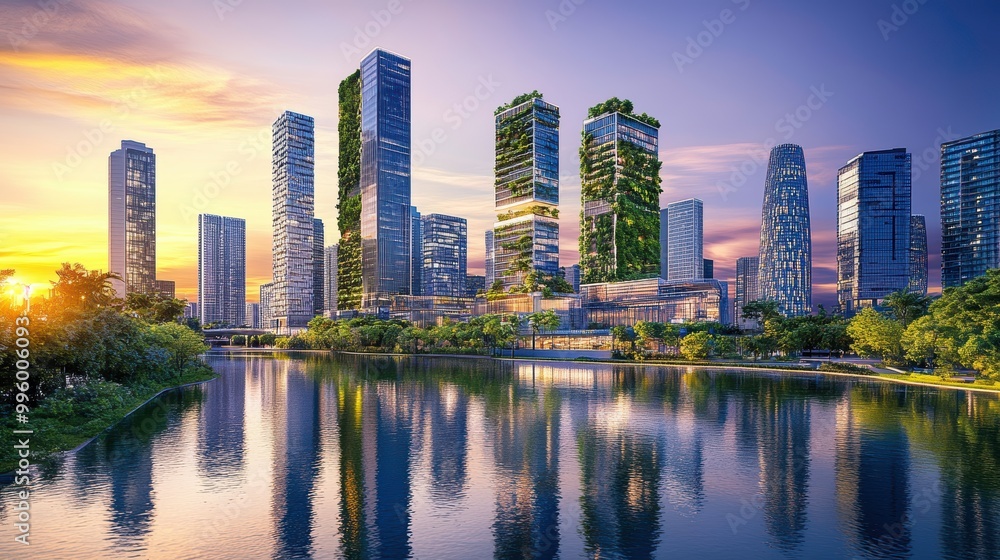 A vibrant city skyline featuring modern skyscrapers with green roofs and vertical gardens, complemented by solar panels on rooftops, set against the backdrop of a tranquil river reflecting the city A vibrant city skyline featuring modern skyscrapers with green roofs and vertical gardens, complemented by solar panels on rooftops, set against the backdrop of a tranquil river reflecting the city