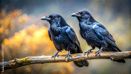 Two ravens, Huginn and Muninn, perched on a branch, representing thought and memory, ravens, Norse mythology, wisdom, Odin photo